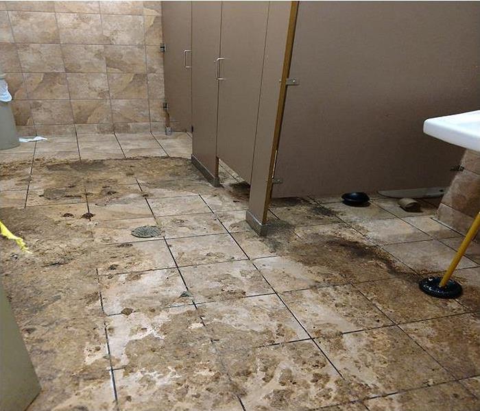 commercial bathroom with sewage on the tile floor