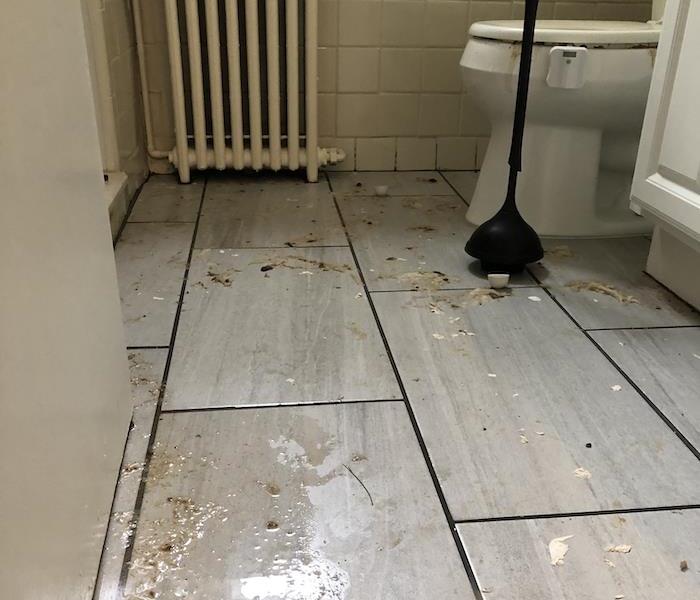 bathroom with sewage and water on a tile floor