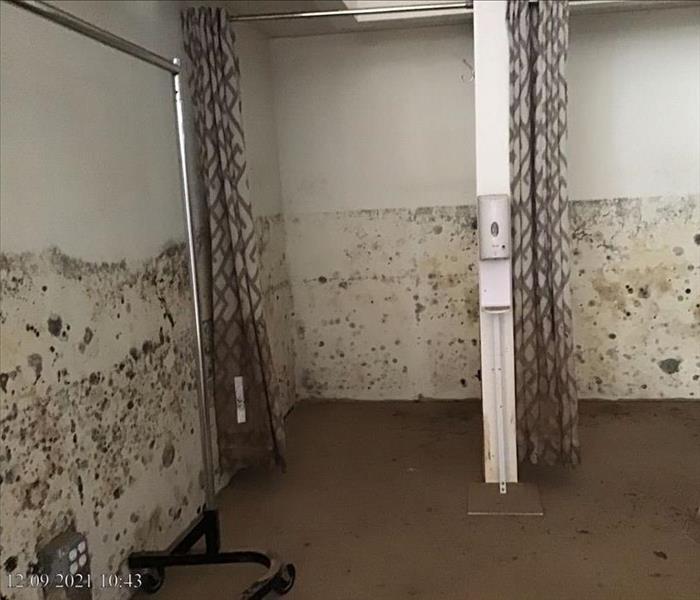 Dressing rooms with mold damage on the walls